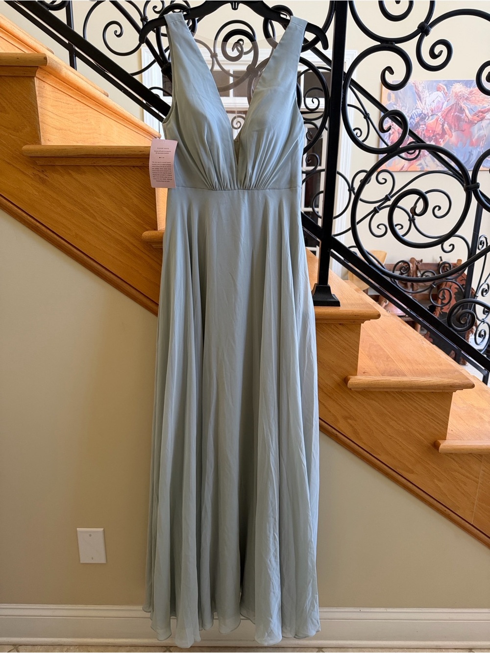 Elegant V-Neck Maxi Dress in Light Sage Sz 2 New In Tag